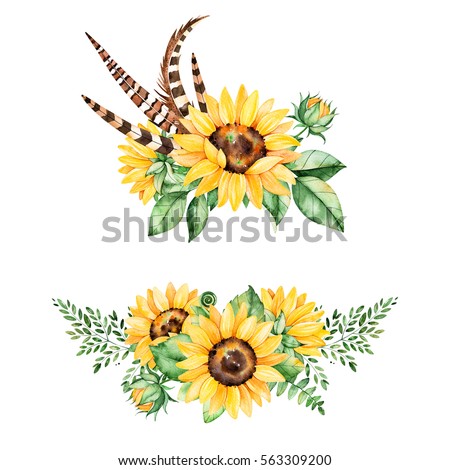 Beautiful floral collection with sunflowers,leaves,branches,fern leaves,feathers.2 lbright watercolor bouquets for your design.Perfect for wedding,invitation,template card,Birthday and boho style