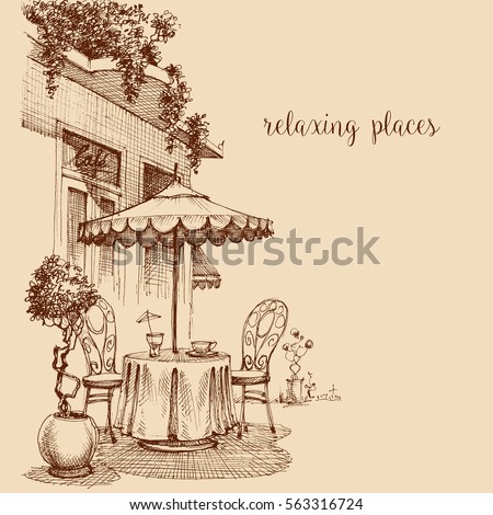 Restaurant exterior sketch, coffee shop terrace with table and chairs, lounge concept