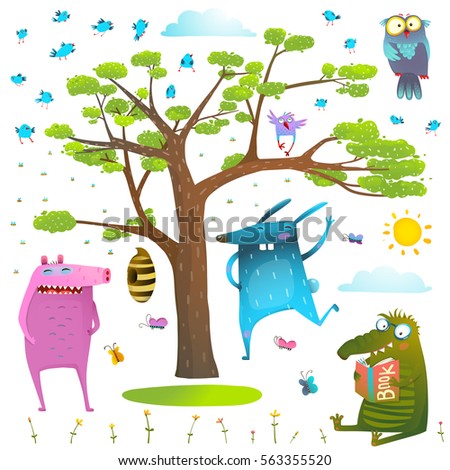 Animals tree sky sun and birds clip art collection. Childish nature design set for kids. Happy friends playing together. Vector illustration.