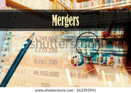Mergers - Hand writing word to represent the meaning of financial word as concept. A word Mergers is a part of Investment&Wealth management in stock photo.