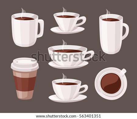 Set of Cartoon Style Cup. Vector Illustration Liquid Chocolate. Hand Drawn Caffeine Drinks. Hot and Fresh Black Coffee, Espresso, Mocha, Latte