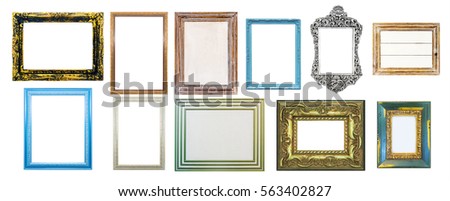 Collection of shabby distressed picture frames, isolated on white background.