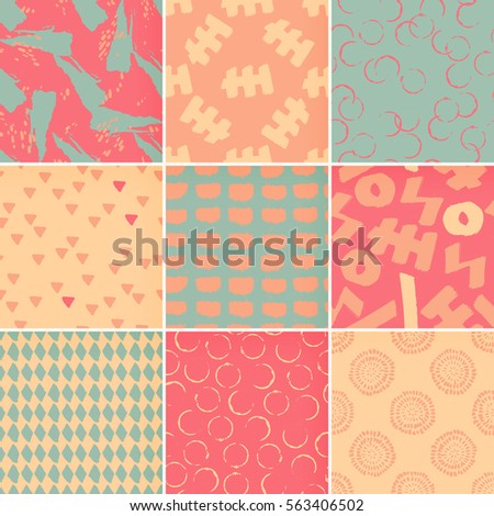 Set of hand-drawn seamless brush strokes patterns. Vector grunge brush strokes backgrounds. Boundless background can be used for web page backgrounds, wallpapers, wrapping papers. Memphis pattern.
