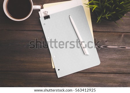 notebook pen bright background cofee mug