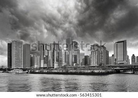 Black and white picture of Chicago downtown on a rainy day, USA.