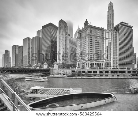 Black and white picture of Chicago downtown on a foggy day, USA.