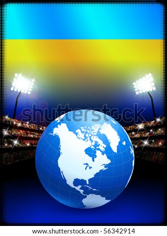 Ukraine Flag with Globe on Stadium Background Original Illustration