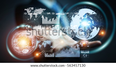 Businessman on blurred background using hologram screen with digital datas  3D rendering