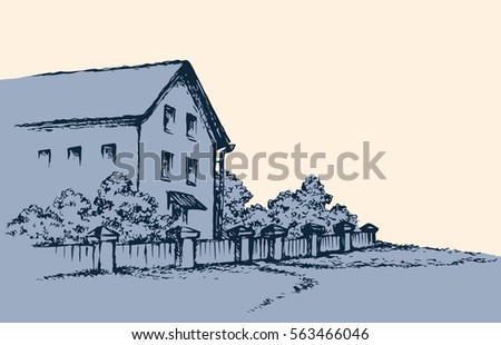 Aged backyard scenic view with obsolete farmstead abode. Outline black ink hand drawn picture sketchy in art retro scribble style with space for text on evening sky backdrop