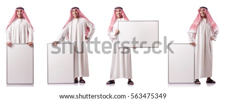 Arab man with blank board on white Royalty-Free Stock Photo #563475349