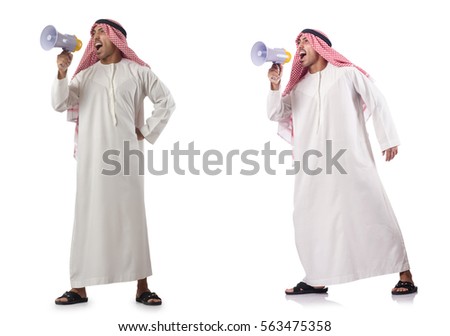 Arab businessman with bullhorn isolated on white Royalty-Free Stock Photo #563475358