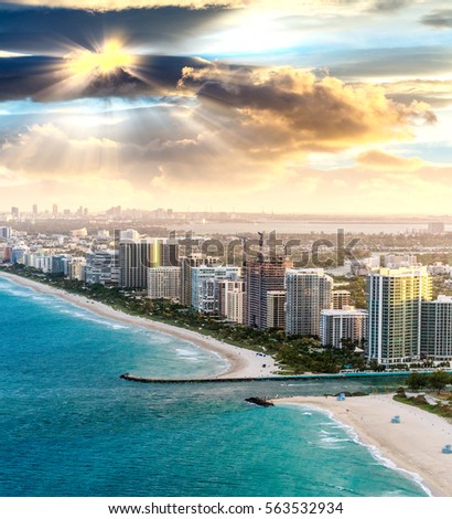 Miami Beach aerial skyline at dusk, Florida.