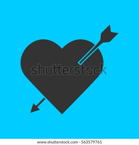 Heart with arrow icon flat. Simple black symbol on blue background