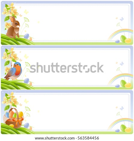Happy Easter Spring nature vector banner set, isolated white background. Color egg, bunny, basket, cherry flower, robin bird. Egg hunt party. Holiday watercolor poster. Illustration, flat frame