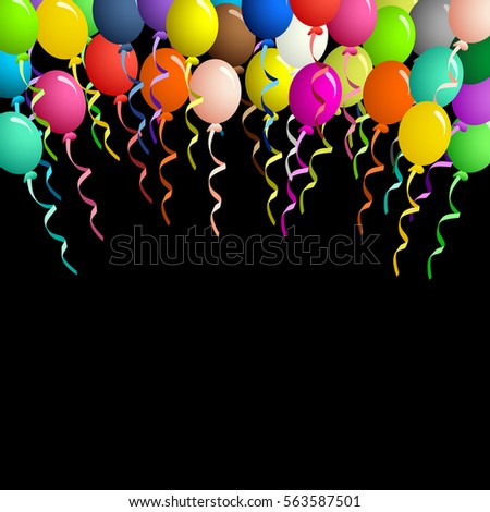 Colorful balloons on ribbons over black background
