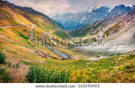 View from the top of famous Italian Stelvio High Alpine Road, elevation of 2,757 m above sea level. Stelvio Pass, South Tyrol, province of Sondrio, Ortler Alps, Italy, Europe. 