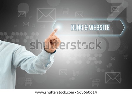 Business man touch a button on an imaginary screen with text 