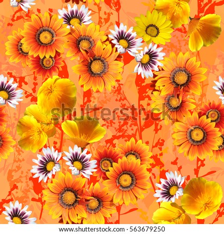 Floral seamless orange flowers pattern on a orange background. Beauty photo collage artistic work.