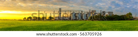 Agricultural Silos - Building Exterior, Storage and drying of grains, wheat, corn, soy, sunflower against the blue sky with rice fields. Royalty-Free Stock Photo #563705926