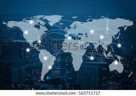 Global business connection concept. Double exposure world map on capital financial city background. Elements of this image furnished by NASA