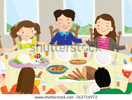 Vector illustration of people gathered around dinner table holding hands and praying