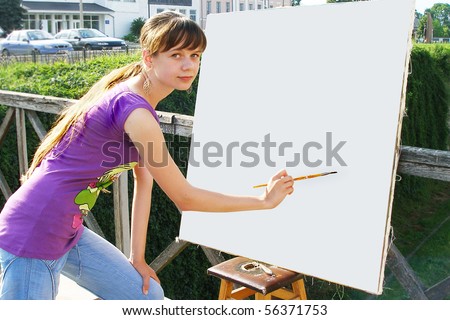 The young girl and picture, copy-space
