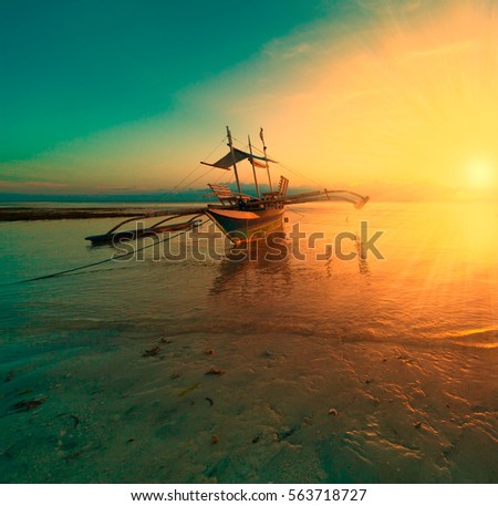 Beautiful amazing nature background. Tropical blue sun sea in Philippines. Luxury holiday resort. Island atoll about coral reef. Fresh freedom. Adventure sunset. Snorkel. Coconut paradise. Wooden boat