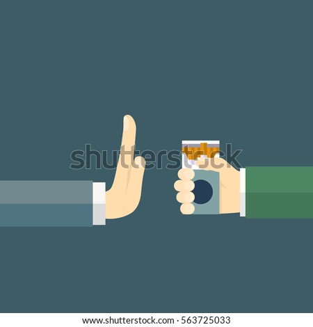 No smoking. Reject cigarette offer. Anti tobacco concept. Cigarette pack in his hand. Hand gesture to reject proposal smoke. Vector illustration flat design. Royalty-Free Stock Photo #563725033