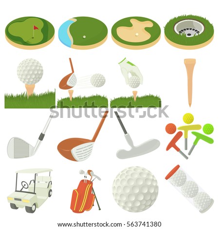 Golf items icons set. Cartoon illustration of 16 golf items vector icons for web