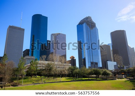 Skyline of Houston in bright sunset light