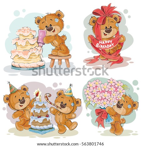 Set of vector clip art illustrations of teddy bear wishes you a happy birthday