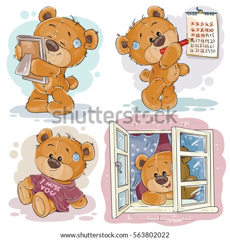 Set of vector clip art illustrations of bored teddy bears. I miss you