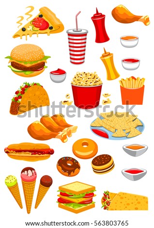 Fast Food vector icons of hamburger, cheeseburger, sandwich, hot dog and ice cream, pizza and popcorn, chicken leg and french fries, tacos, burrito, nachos chips and ketchup, burger, soda and donut Royalty-Free Stock Photo #563803765