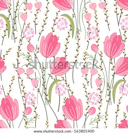 Seamless spring pattern with stylized cute pink flowers.  Endless texture for your design, greeting cards, announcements, posters.