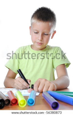 child draws is family on white paper by colour pensil