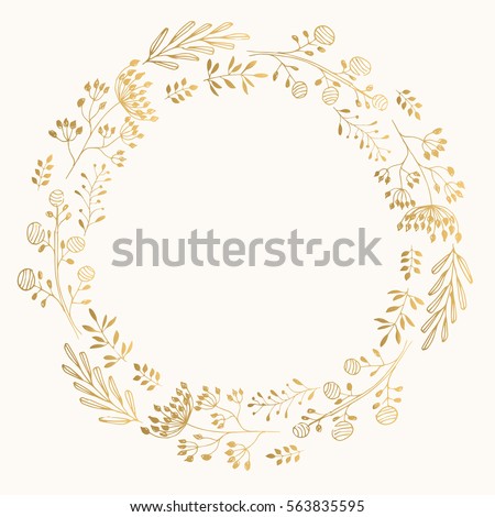 Golden cute round frame. Vector wreath with herbs and leaves.