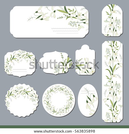 Floral spring templates with cute bunches of white snowdrops. For romantic and easter design, announcements, greeting cards, posters, advertisement.