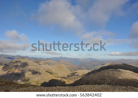 views on the way up to the top of Scafell pike, the highest mountain in England, part of the lake district national park, cumbria, northern England, the united Kingdom