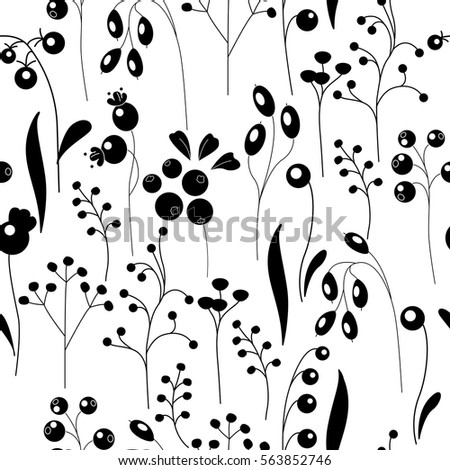 Seamless pretty pattern with stylized flowers and herbs. Black and white. Endless texture for your design, announcements, greeting cards, posters, advertisement.