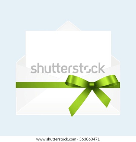 Letter in an envelope decorated with green ribbon bow. Illustration isolated on  blue background.
