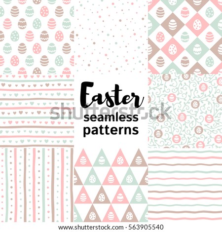 Set, collection of various Easter seamless vector patterns. Painted eggs, stripes, streaks, cute hearts, tendrils, dots, spots, doodle style wavy bars, simple geometrical shapes. Easter backgrounds.