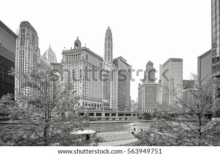 Black and white picture of Chicago downtown, USA.