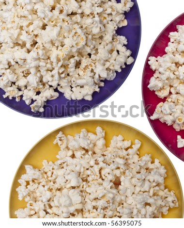 Popcorn in vibrant Bowls Background Image.  Isolated on White with a Clipping Path.