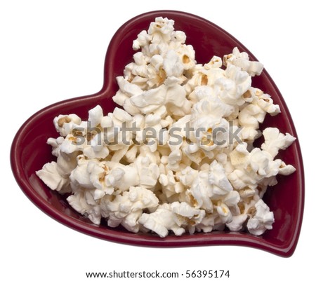 Popcorn in a Heart Shaped Bowl.  Isolated on White with a Clipping Path.