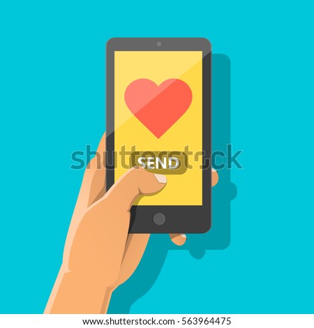 Sending love message concept. Hand holding phone with heart, send button on the screen. Finger touch screen. Vector flat cartoon illustration for advertisement, web sites, banners, infographics design