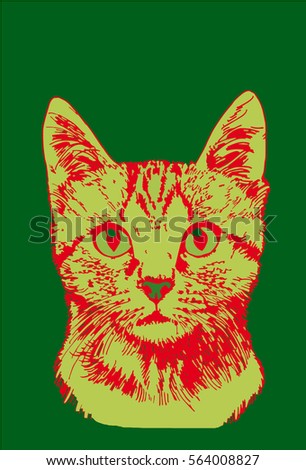 Graphical color cat isolated on green background. Pop art 