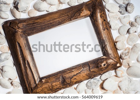 Wooden frame gravel white background 
