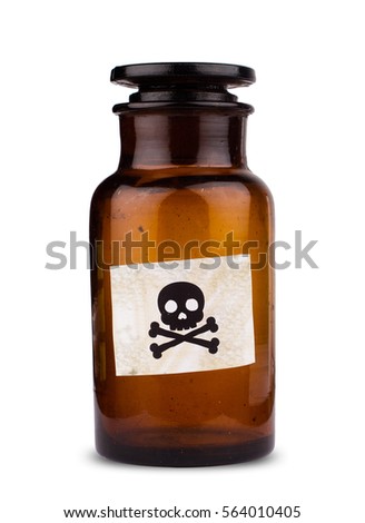 front view of brown medical glassware with glass cap and the poison label sign isolated on white background Royalty-Free Stock Photo #564010405