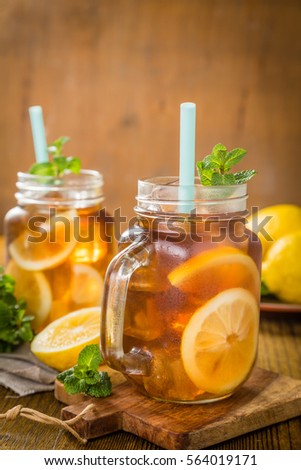 iced tea in glass jars, copy space