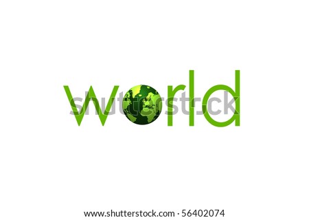 "world" written in green letters with an earth illustration instead of the letter "o"